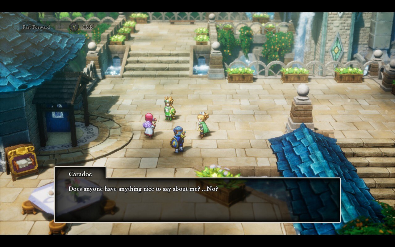 Caradoc quote that says "Does anyone have anything nice to say about me? ...No?" from Dragon Quest I & II HD-2D Remake