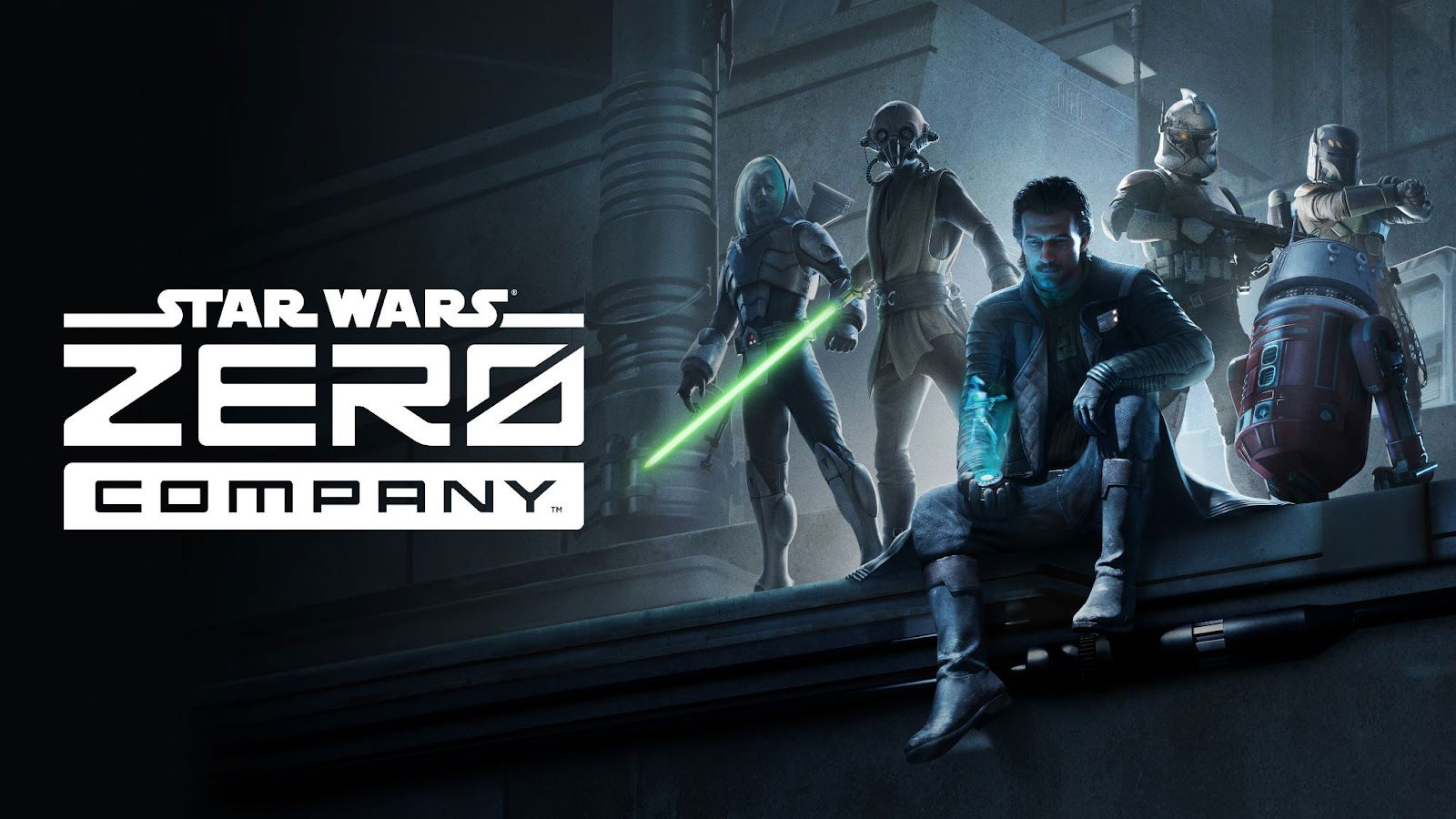Star Wars Zero Company key art with a jedi, droid, a bounty hunter and a clone trooper in the art